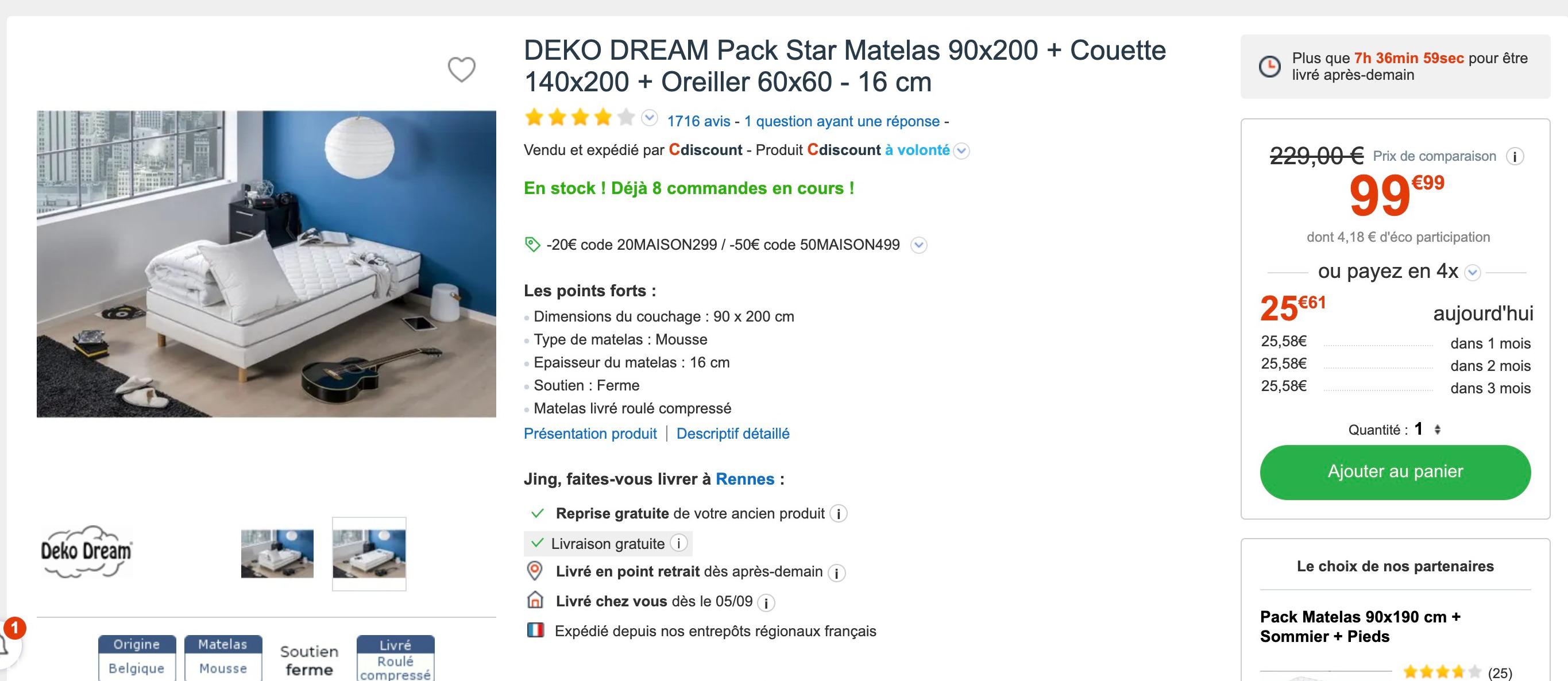Deko dream pack star matelas 90x200 + couette 140x200 + oreiller 60x60 - 16  cm DEKO DREAM