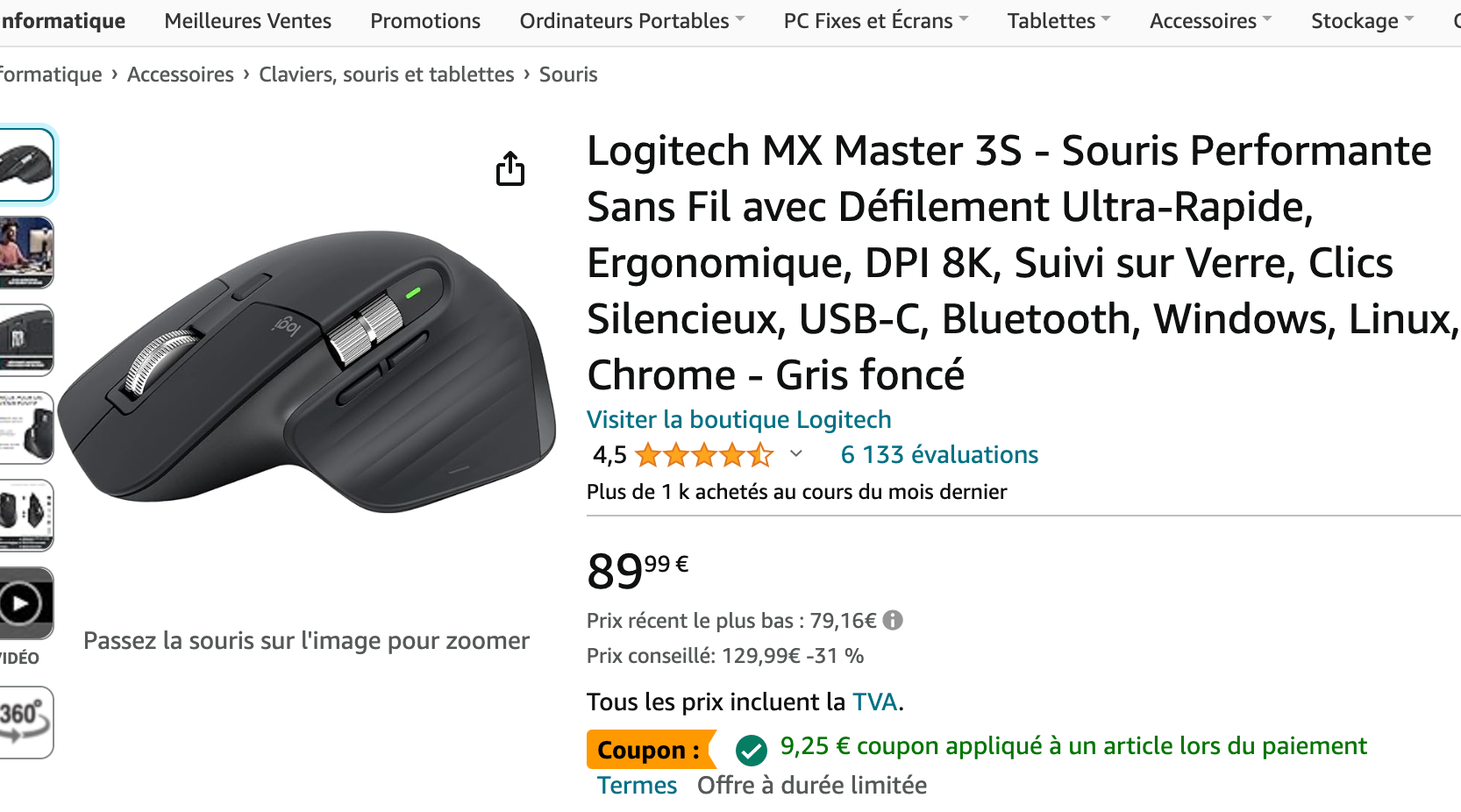 Souris Logitech MX Master 3S - Performante Sans Fil , Clics Silencieux-  Graphite