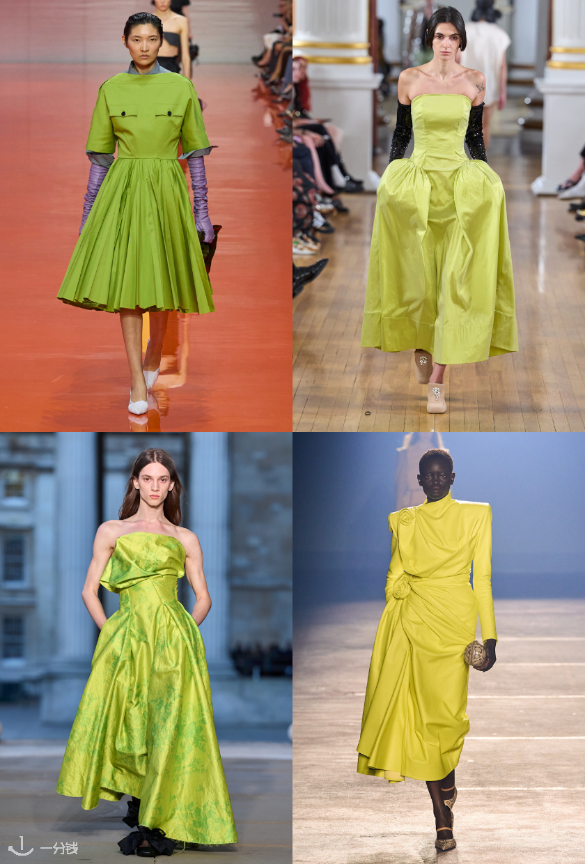 这是 Prada、Simone Rocha、Erdem 和 Mugler 等品牌在 2026 年春夏时装秀上展示的黄绿色潮流图片。