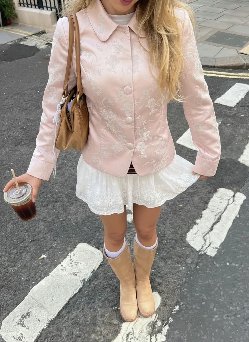 提花花卉领长袖夹克