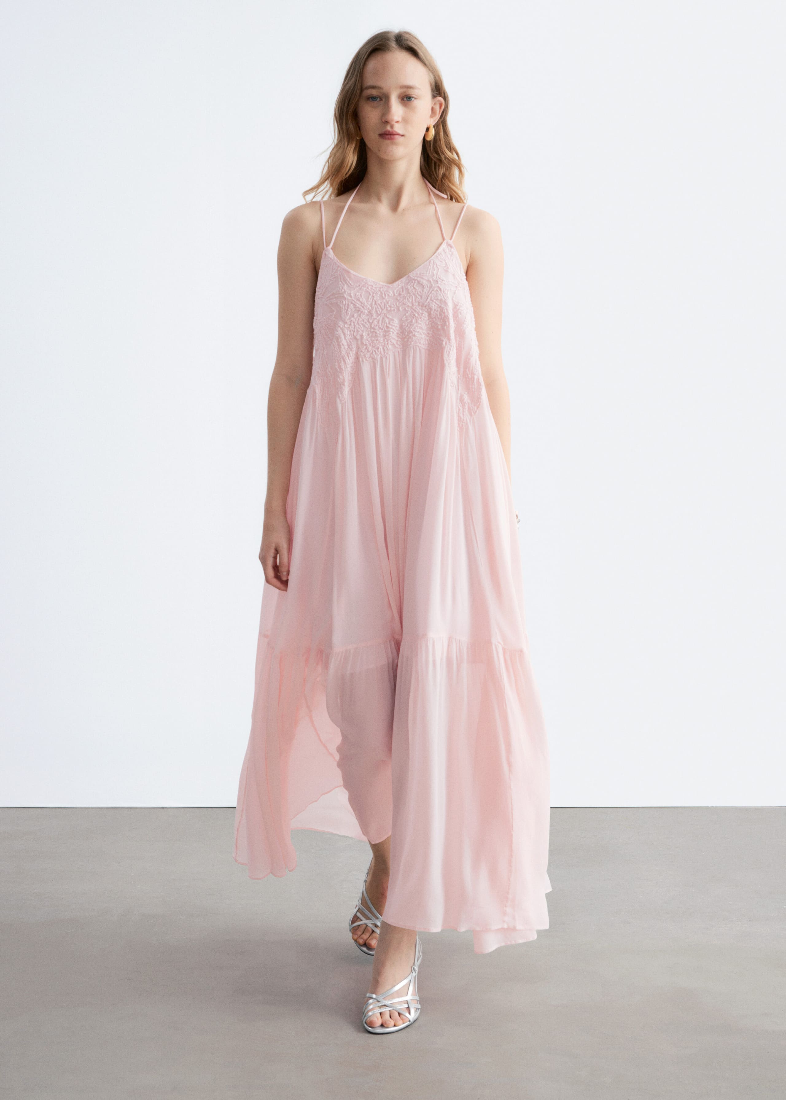 Strappy Embroidered Maxi dress - Light Pink - Lookbook