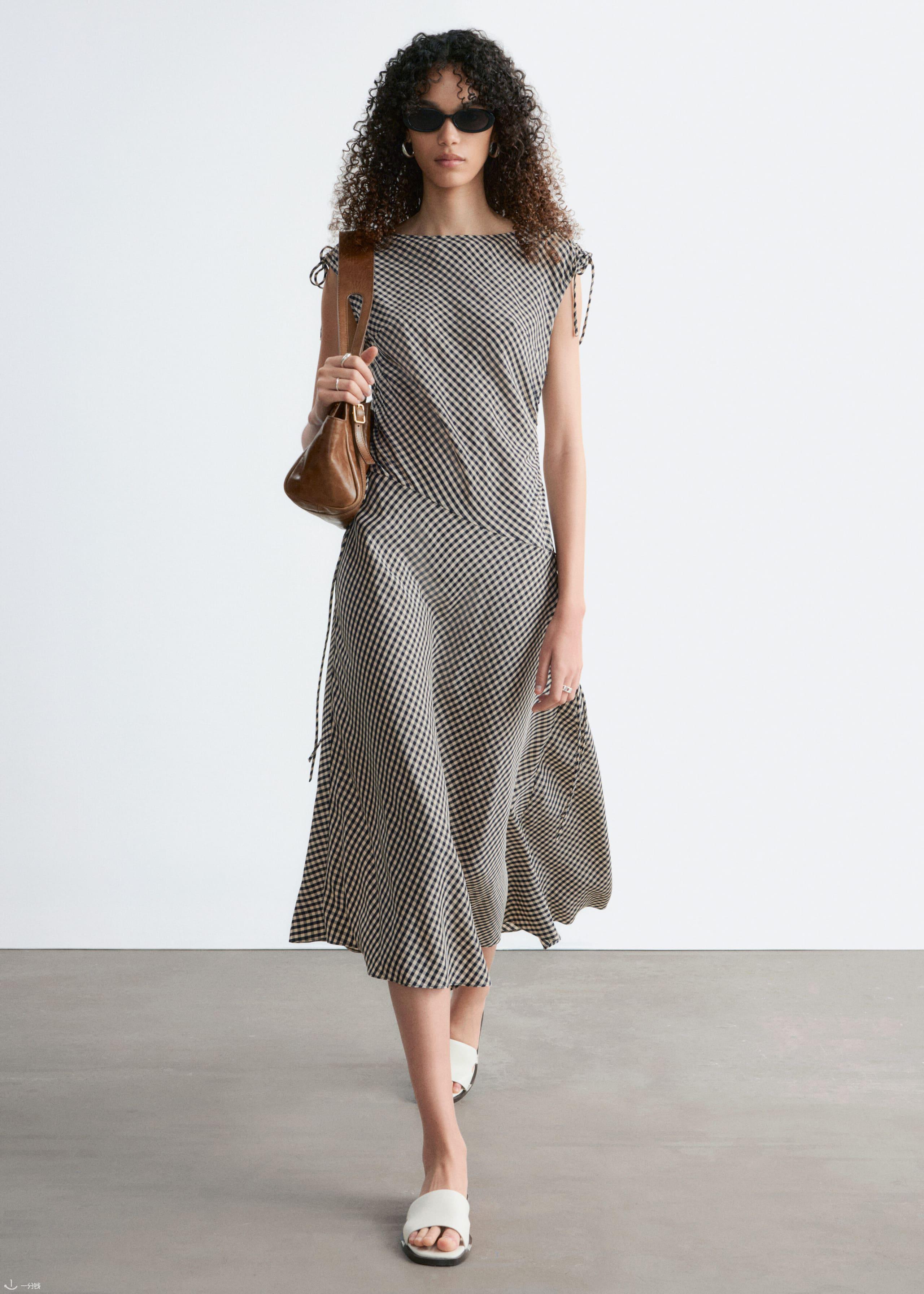 Asymmetric Draped Midi Dress - Light Green/Gingham Checked - Lookbook