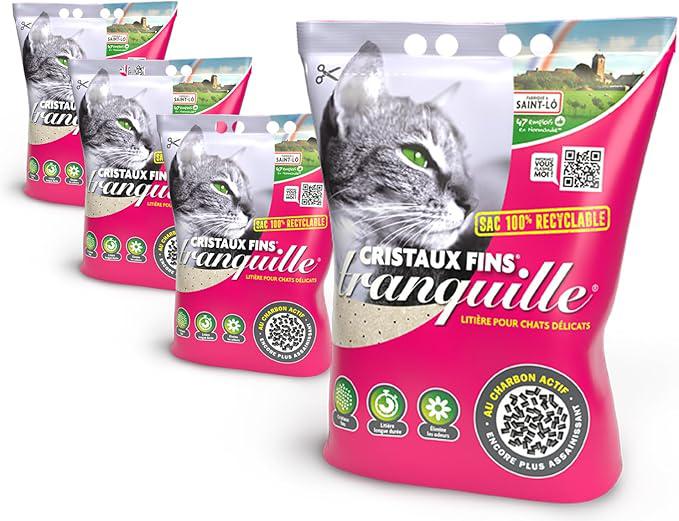 Tranquille - 硅砂猫砂（细晶体+活性炭）- 超强吸水 & 防臭 - 4 x 3.70 升装 - 无尘卫生猫砂 - 猫咪舒适 & 室内清新