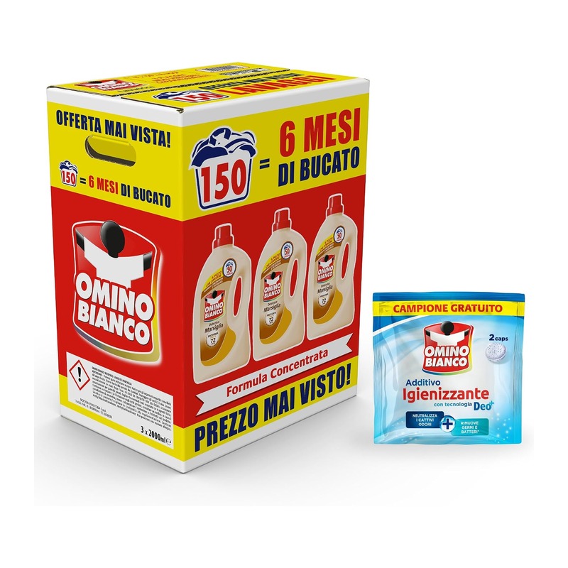 Omino Bianco 马赛皂香型洗衣液(2000ml×3瓶,共150次,附消毒洗衣凝珠小样)