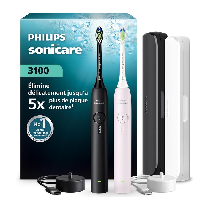 飞利浦 Philips Sonicare 3100 系列声波电动牙刷 双支装（黑色+浅粉）HX4072/42