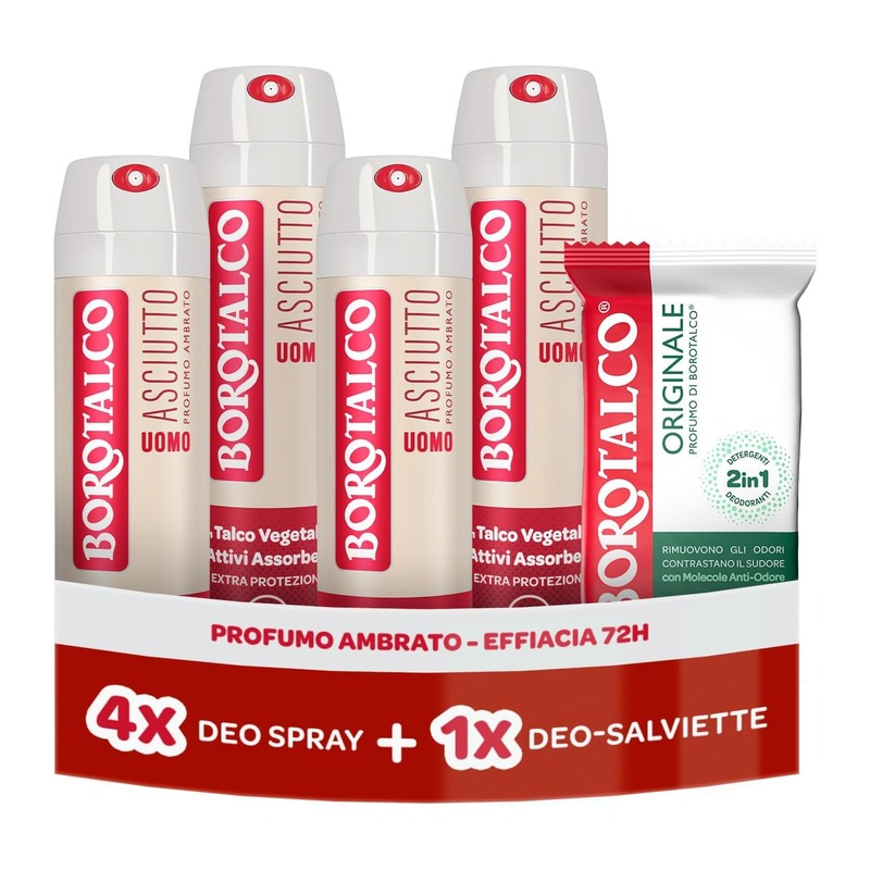 Borotalco 经典爽身粉香 止汗喷雾 150ml×4瓶 + 除味湿巾12片