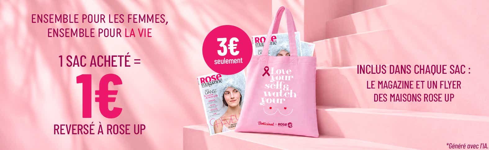🎀 3€的粉色公益袋，每买1袋，Boticinal就捐1€给RoseUp。