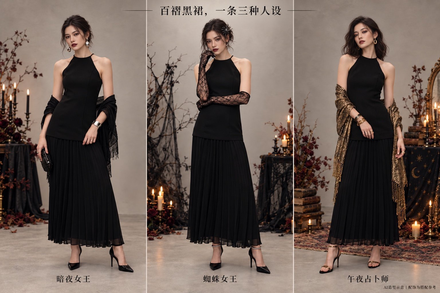 黑色挂脖百褶长裙三套亚洲面孔AI造型示意:暗夜女王、蜘蛛女王、午夜占卜师