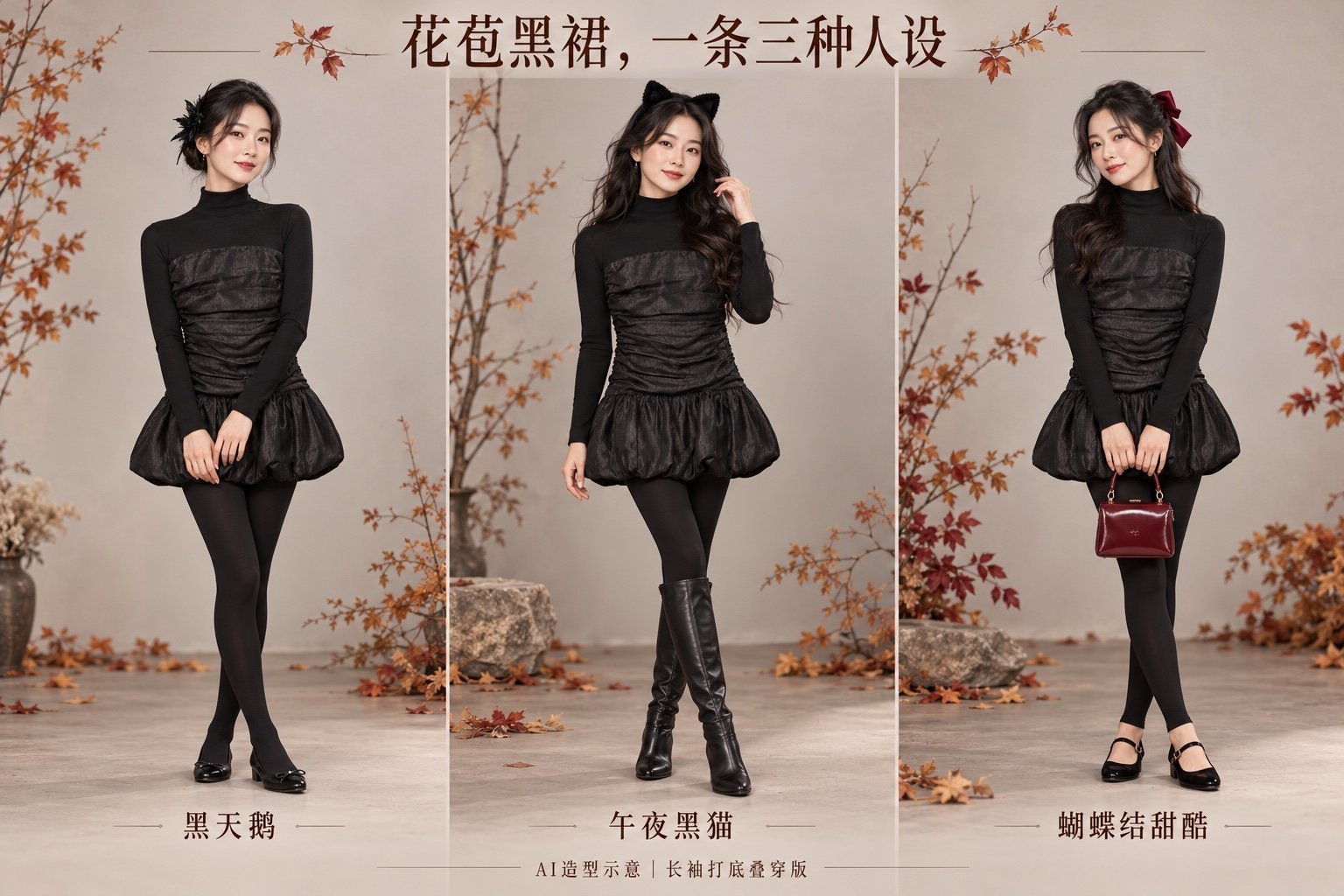 黑色花苞裙三套亚洲面孔AI造型示意:黑天鹅、午夜黑猫、蝴蝶结甜酷