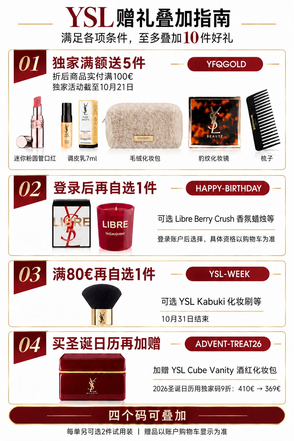 YSL赠礼叠加指南：独家满额5件礼、登录自选礼、满80€自选礼、圣诞日历专属加赠及四个码