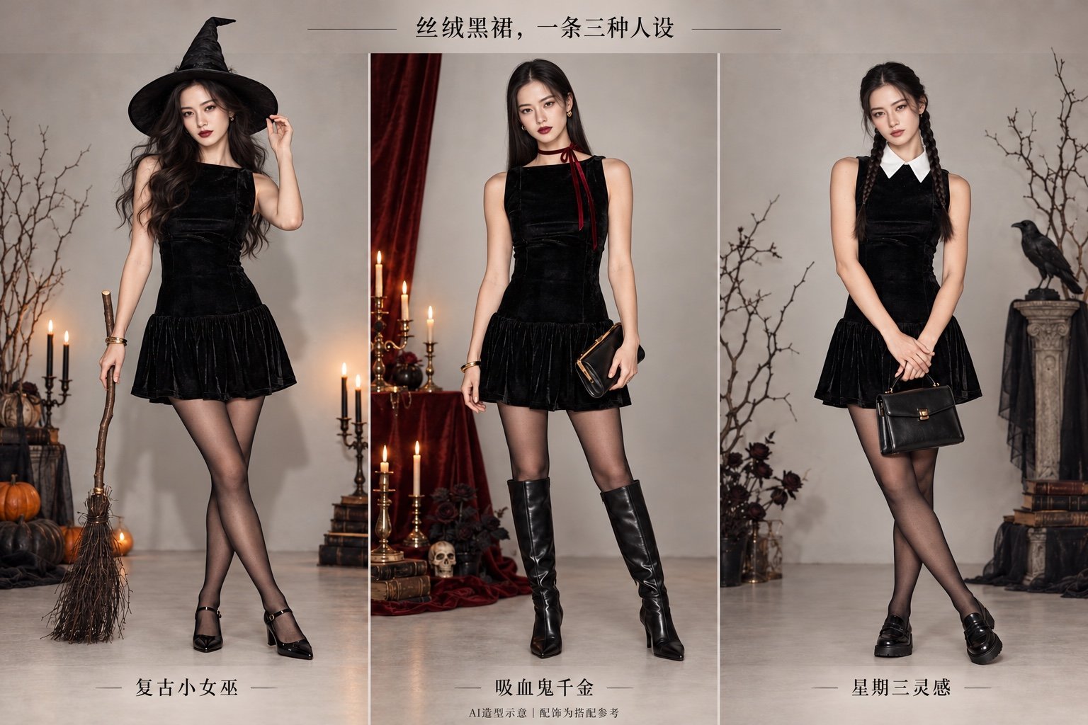 黑色丝绒裙三套亚洲面孔AI造型示意:复古小女巫、吸血鬼千金、星期三灵感