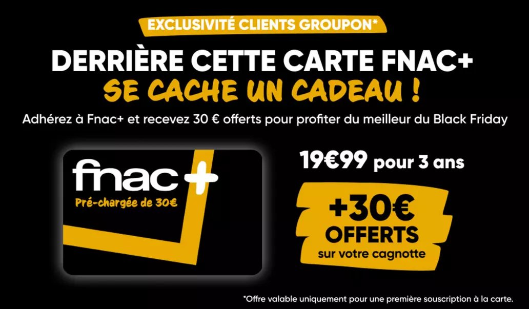 Groupon 页面展示的 Fnac+ 三年会员与 30€ 入账权益