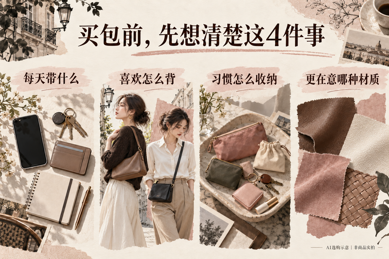 AI选购清单示意:仅用于整理选包思路,非MK商品实拍
