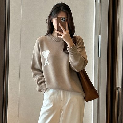 AMI Paris Ami De Coeur 羊毛棉混纺米色毛衣