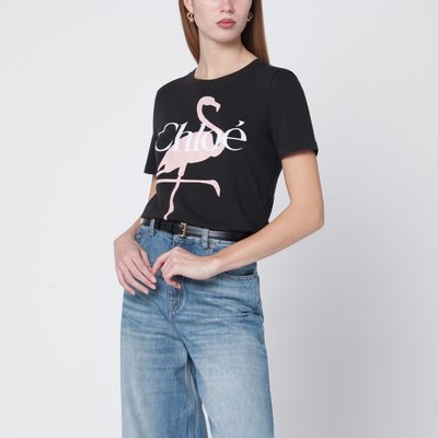 Chloe 黑色logo火烈鸟印花T恤