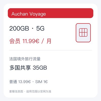 Auchan Voyage 200GB 5G月付套餐