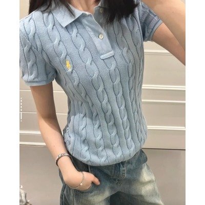 男童棉质麻花Polo领针织衫｜Chambray Blue S
