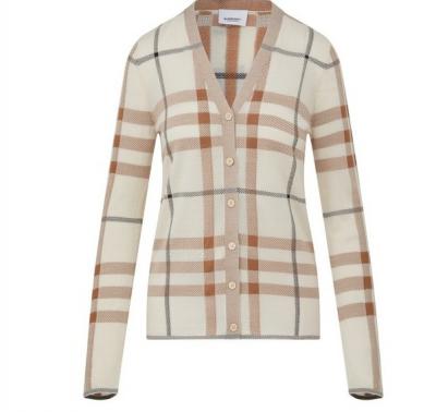 米色格纹针织开衫