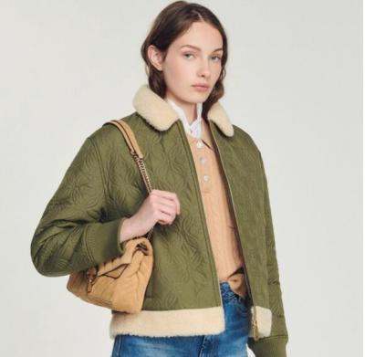 绿色羊羔毛棉服印花外套