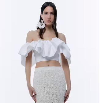 Crop top荷叶边白色上衣