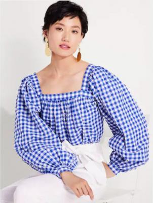 蓝色格子方领长袖