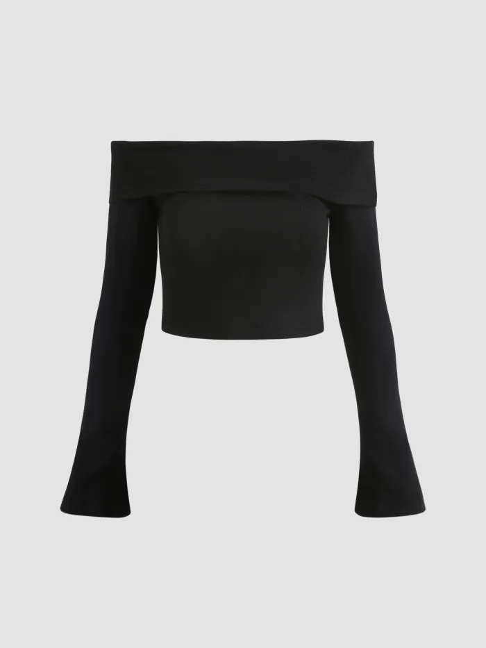 单色露肩短款上衣