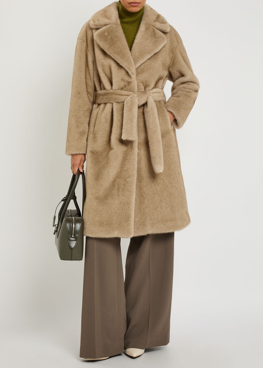 系带人造皮草大衣