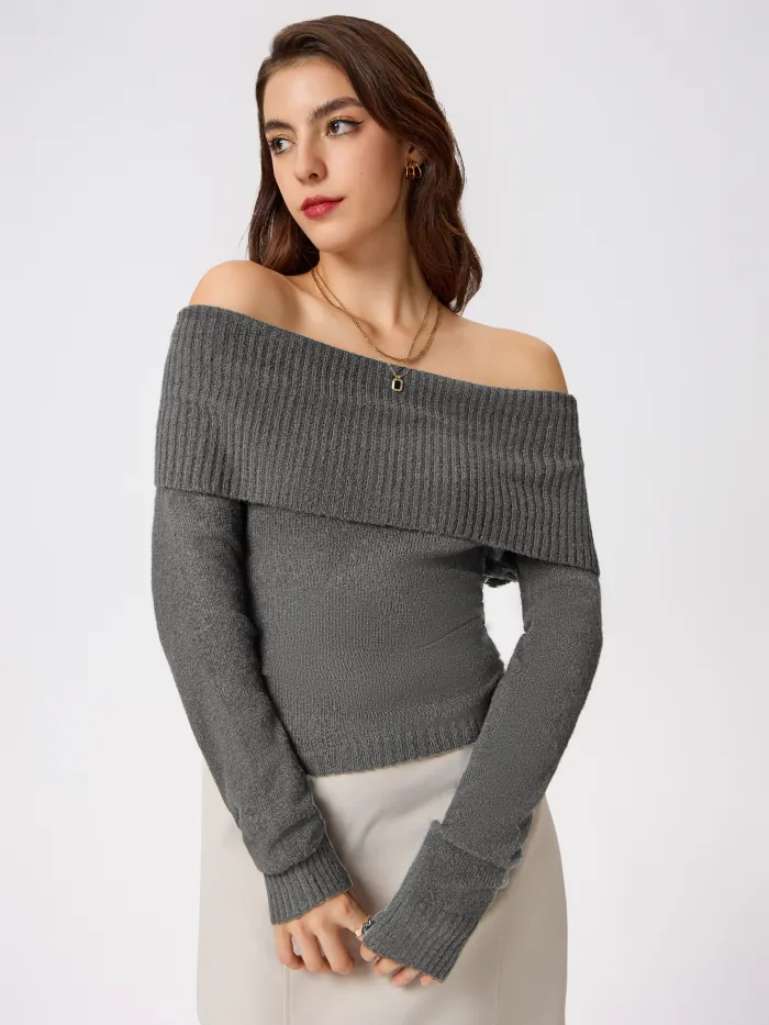 露肩长袖针织上衣