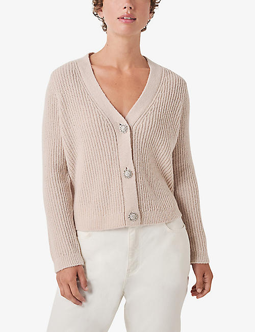 V领罗纹针织羊毛混纺开衫