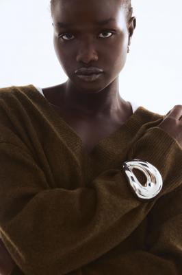 V领宽松针织衫 深卡其绿