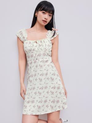 Euro ete 花卉抽绳方领连衣裙