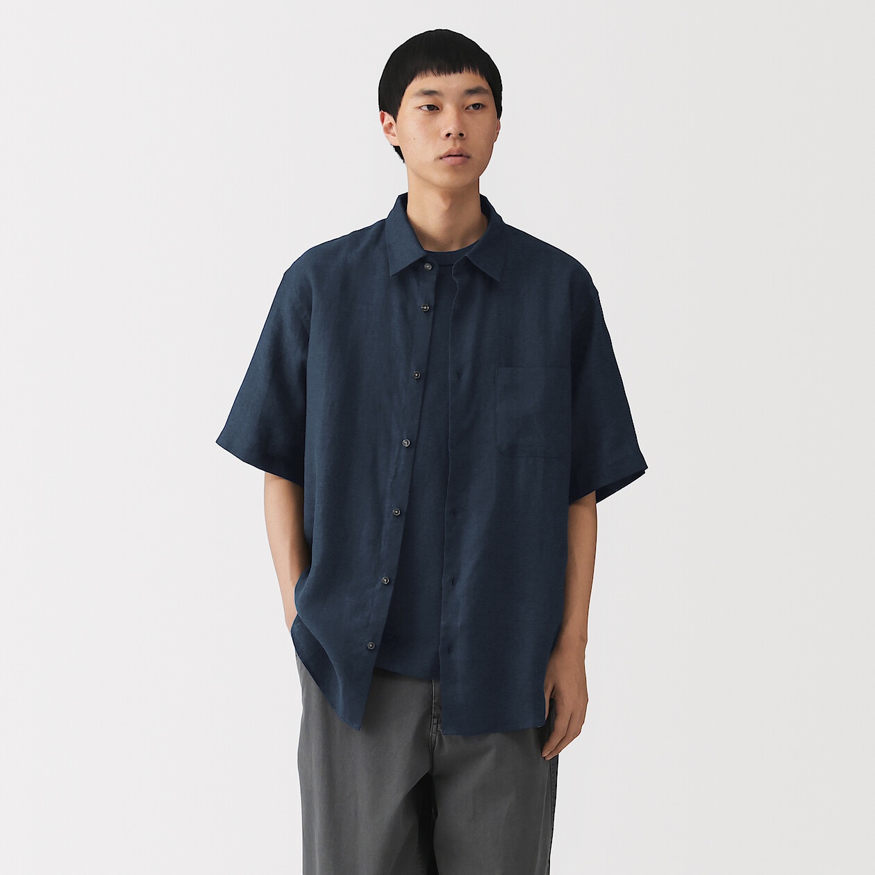 男士洗水亚麻短袖衬衫