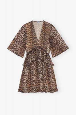 Leopard V领褶皱迷你裙