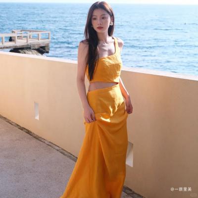 亚麻混纺露腰连衣裙