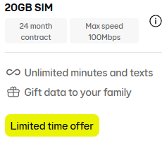 EE 20GB+无限通话短信 £10
