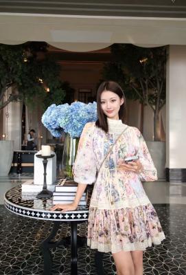 花卉印花纯棉钩花蕾丝迷你连衣裙