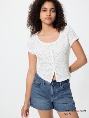UNIQLO 女士深V纹理短袖T恤