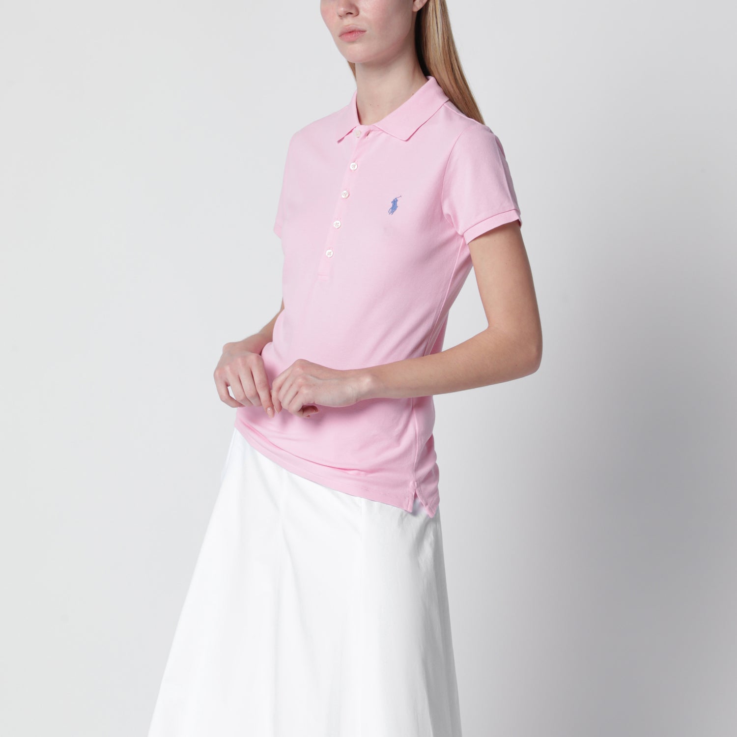粉色修身珠地棉 Polo 衫