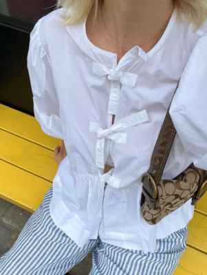 纯棉府绸绑带上衣