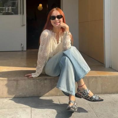 豹纹缎面女芭蕾鞋扣带款