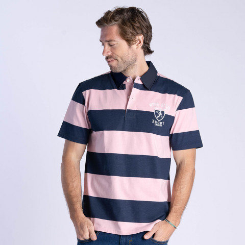 海军蓝和粉色条纹Webb Ellis橄榄球传奇短袖 polo - 大号S到4XL