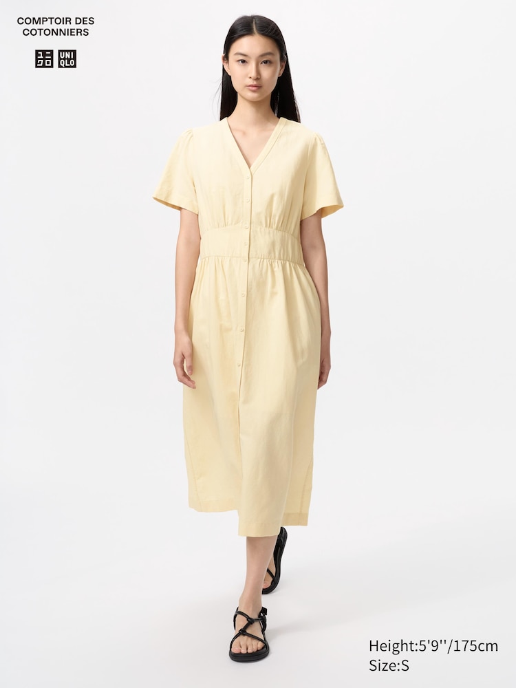 Uniqlo 亚麻混纺 V 领短袖裙·米
