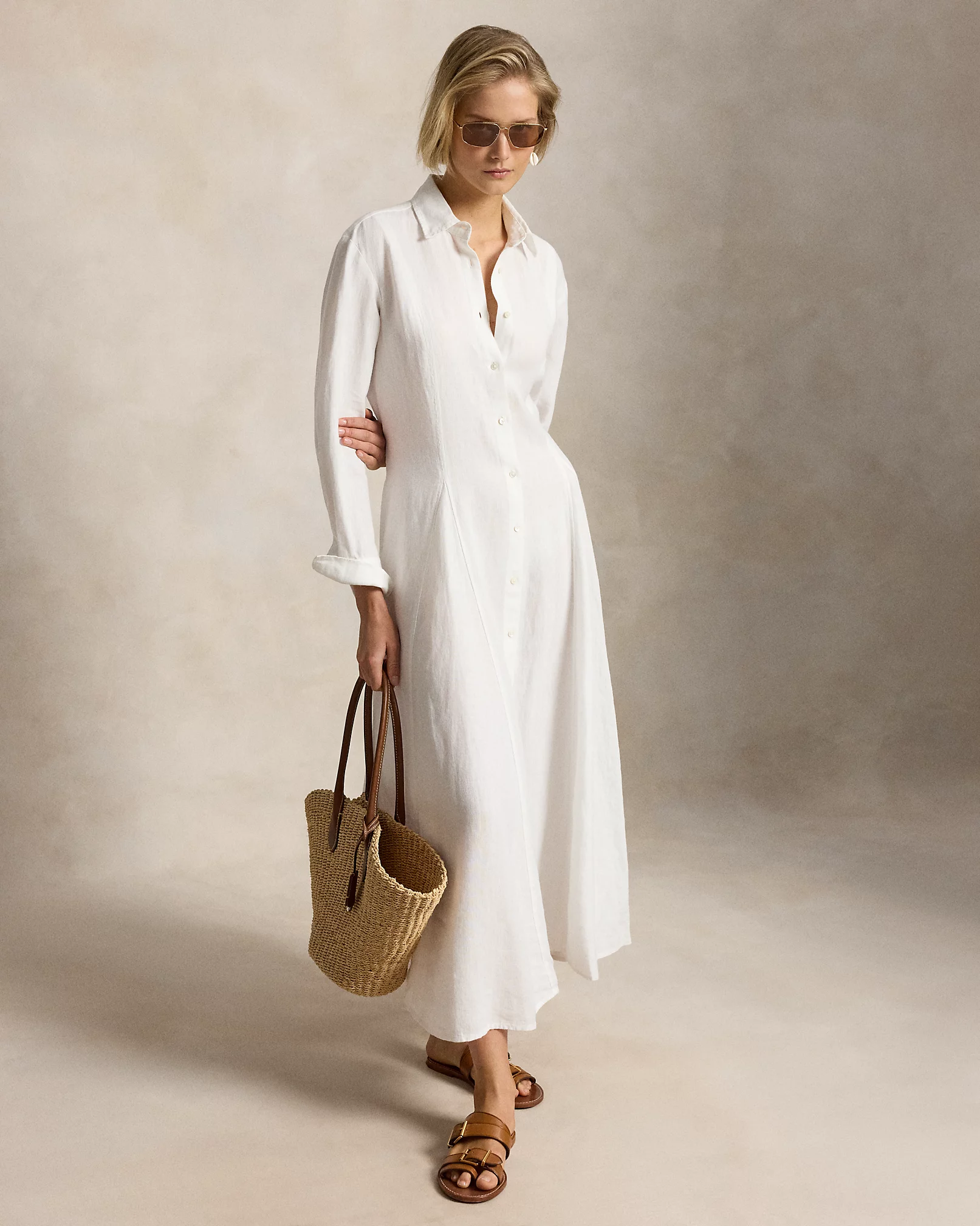 Ralph Lauren 自系带亚麻衬衫裙·白