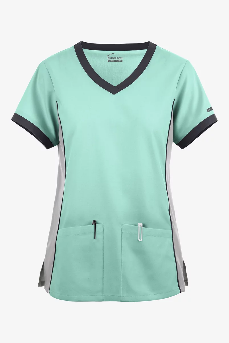 Butter-Soft Originals Women's 4-Pocket V-Neck Tri-Colorblock Scrub Top