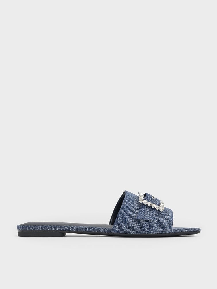 CHARLES & KEITH 丹宁方头水钻拖鞋