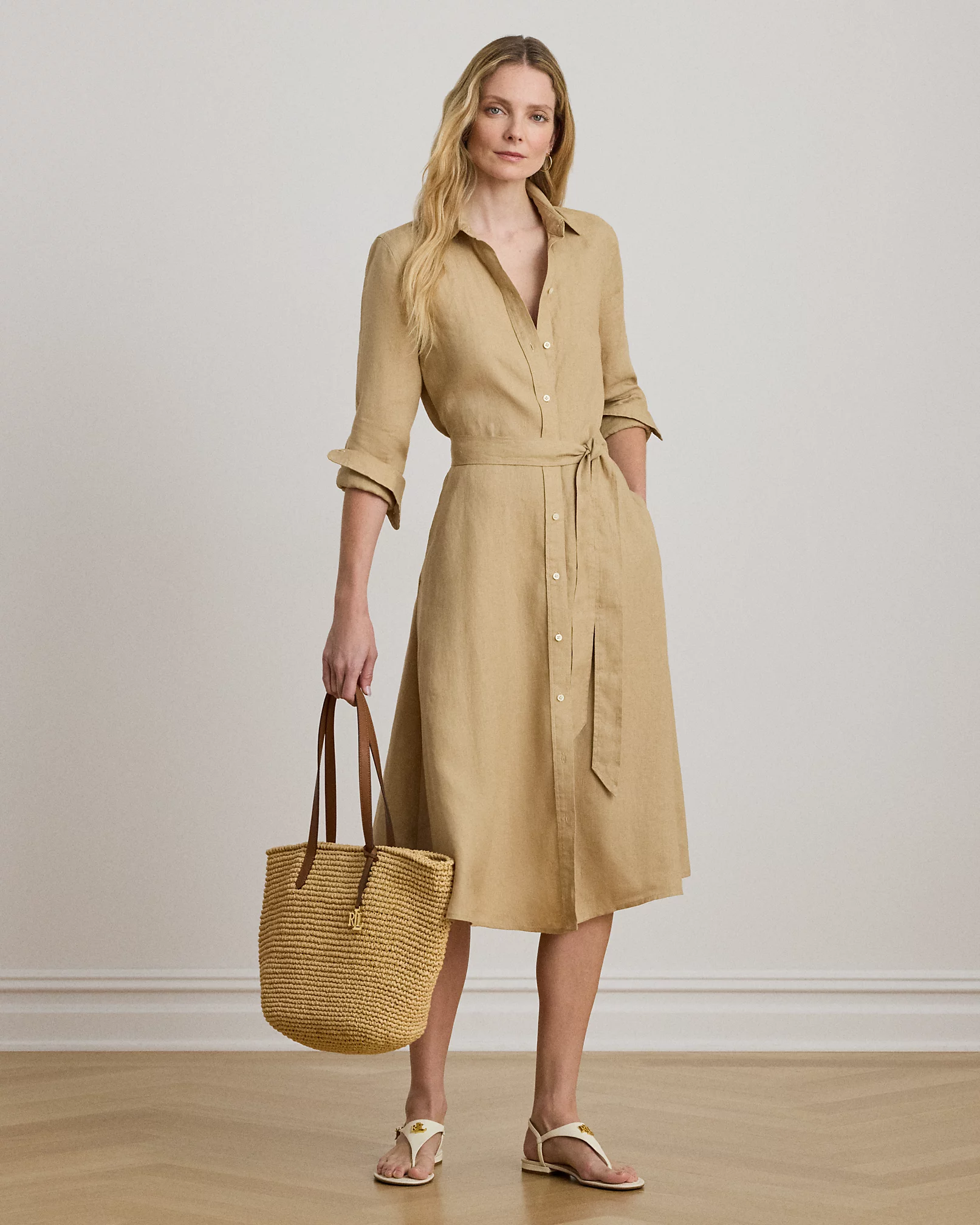 Ralph Lauren 亚麻系带衬衫裙·浅棕