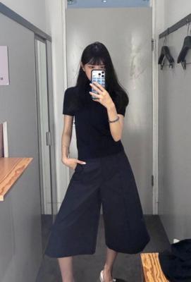 棉质斜纹布阔腿裤 藏青色