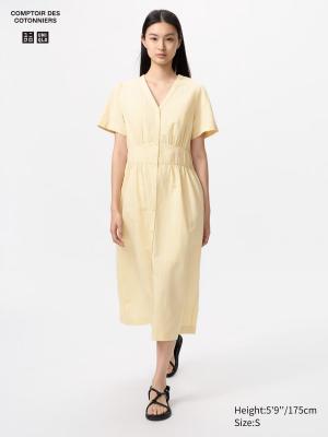 女士麻棉V领短袖连衣裙
