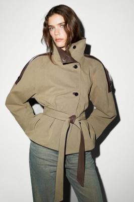Massimo Dutti 短款皮拼夹克 灰绿色