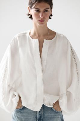 Massimo Dutti 亚麻刺绣 bomber 夹克 白色